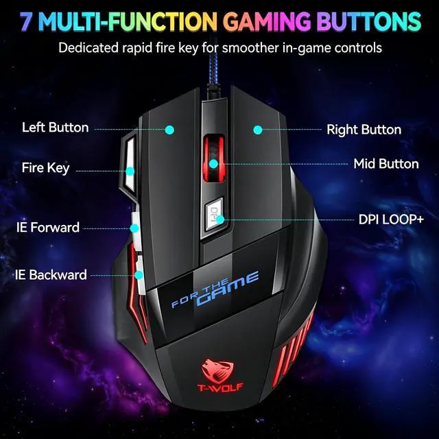 Alt view image 2 of 7 - RGB Gaming Mouse, Wired USB Optical Gamer Mouse, up to 2400 DPI, 7 Buttons with RapidFire Key, 7 Backlit Modes, Ergonomic Computer Mouse for PC Laptop Windows Mac