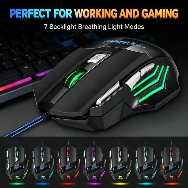 Alt view image 3 of 7 - RGB Gaming Mouse, Wired USB Optical Gamer Mouse, up to 2400 DPI, 7 Buttons with RapidFire Key, 7 Backlit Modes, Ergonomic Computer Mouse for PC Laptop Windows Mac