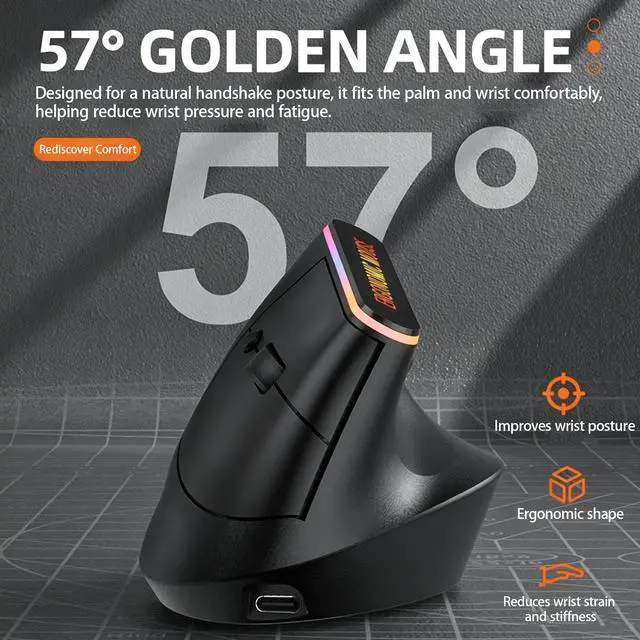 Alt view image 3 of 7 - Wireless Ergonomic Vertical Mouse, Bluetooth Mouse for Laptop (BT5.2+2.4GHz), Right Hand Optical Mouse, Office Vertical Computer Mice, 800/1200/1600 DPI, 5 Buttons for Laptop, Desktop & PC, Black