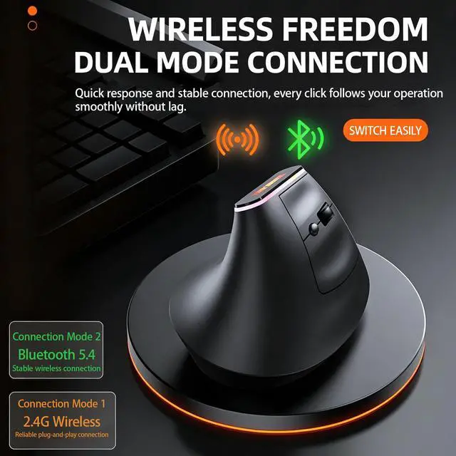 Alt view image 2 of 7 - Wireless Ergonomic Vertical Mouse, Bluetooth Mouse for Laptop (BT5.2+2.4GHz), Right Hand Optical Mouse, Office Vertical Computer Mice, 800/1200/1600 DPI, 5 Buttons for Laptop, Desktop & PC, Black
