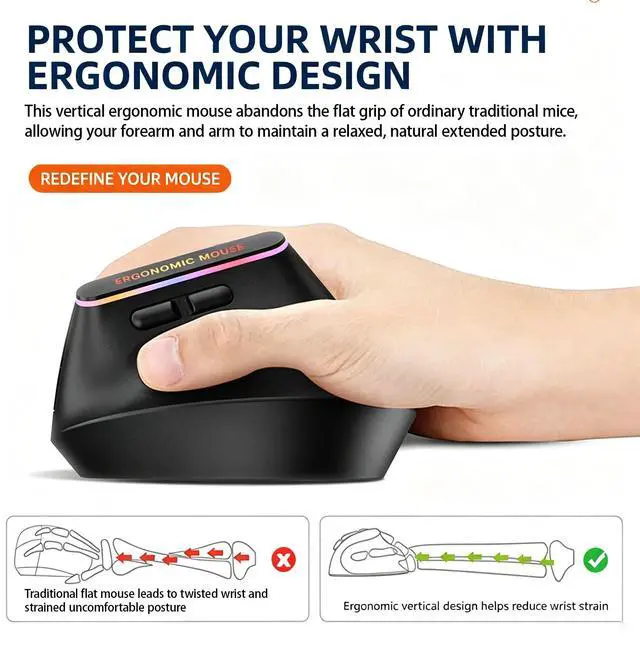 Alt view image 6 of 7 - Wireless Ergonomic Vertical Mouse, Bluetooth Mouse for Laptop (BT5.2+2.4GHz), Right Hand Optical Mouse, Office Vertical Computer Mice, 800/1200/1600 DPI, 5 Buttons for Laptop, Desktop & PC, Black