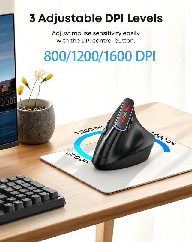Alt view image 5 of 7 - Wireless Ergonomic Vertical Mouse, Bluetooth Mouse for Laptop (BT5.2+2.4GHz), Right Hand Optical Mouse, Office Vertical Computer Mice, 800/1200/1600 DPI, 5 Buttons for Laptop, Desktop & PC, Black