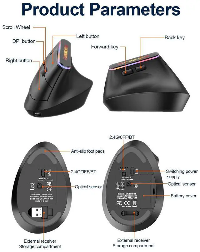 Alt view image 7 of 7 - Wireless Ergonomic Vertical Mouse, Bluetooth Mouse for Laptop (BT5.2+2.4GHz), Right Hand Optical Mouse, Office Vertical Computer Mice, 800/1200/1600 DPI, 5 Buttons for Laptop, Desktop & PC, Black