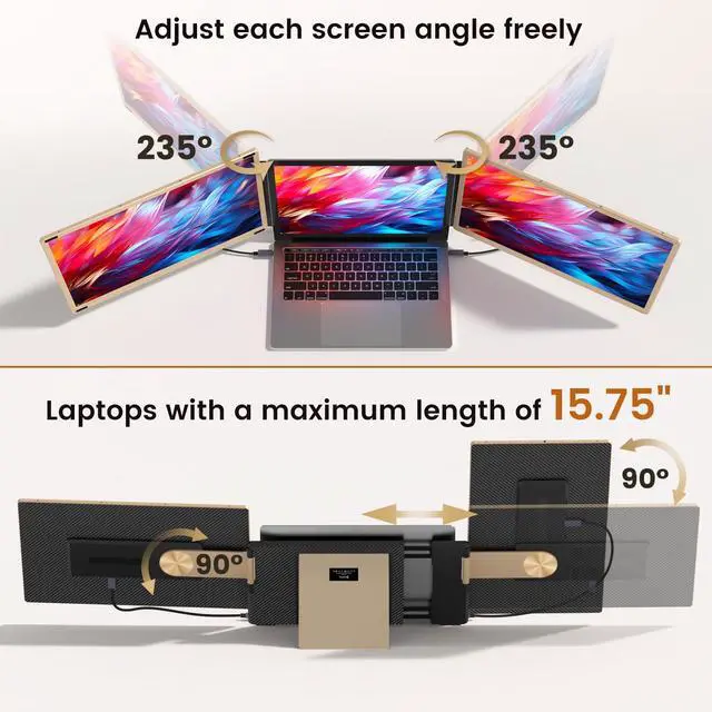 Alt view image 4 of 6 - Laptop Extender 15.6-inch, 1080P FHD Portable Monitor with 120% sRGB, 235Rotation Detachable Screen, Plug & Play, Triple Screen Laptop Monitor Extender Compatible with Windows, Mac, Chrome