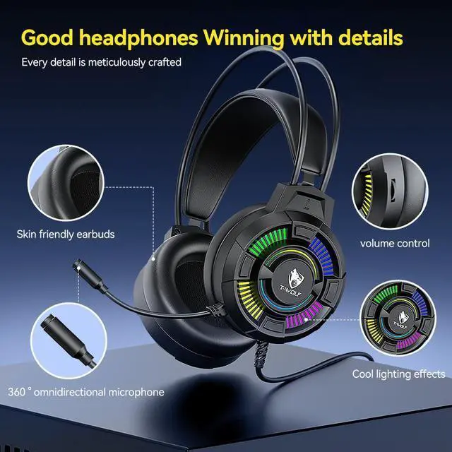 Alt view image 6 of 7 - Wired Gaming Headset with Microphone, 50mm Dynamic Drivers, 7.1 Surround Sound, RGB Lighting, Lightweight Stereo Headphones with USB Control Box for PC, Mac, Laptop, PS4, PS5