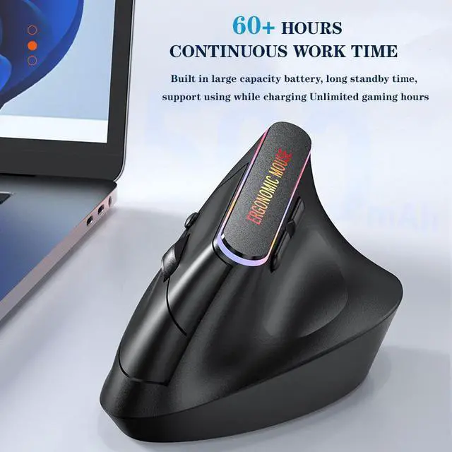 Alt view image 5 of 7 - Wireless Ergonomic Vertical Mouse, Bluetooth Mouse for Laptop (BT5.2+2.4GHz), Right Hand Optical Mouse, 800/1200/1600 DPI, 5 Buttons for Laptop, Desktop & PC, Black