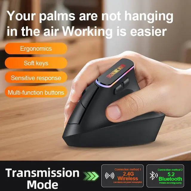 Alt view image 2 of 7 - Wireless Ergonomic Vertical Mouse, Bluetooth Mouse for Laptop (BT5.2+2.4GHz), Right Hand Optical Mouse, 800/1200/1600 DPI, 5 Buttons for Laptop, Desktop & PC, Black