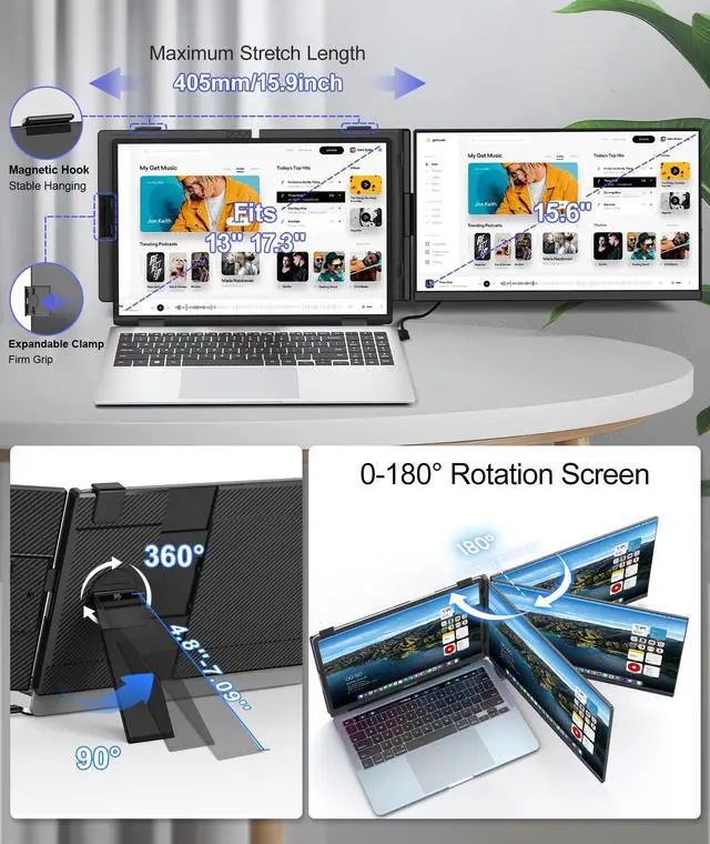 Alt view image 5 of 7 - Laptop Screen Extender 15.6", Detachable 120% sRGB 1080P FHD Dual Portable Monitor, Plug & Play External Screen for 13"-17" Laptops, Compatible with Windows, macOS, Android, ChromeOS & PS5