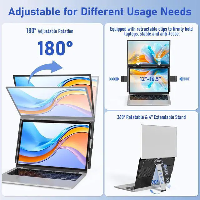 Alt view image 4 of 7 - Laptop Screen Extender 15.6", Portable Dual Monitor for 13 -17 Laptops, Ultra-Slim Clamp-On Vertical Dual IPS 1080P Screen Monitor Extender, Plug & Play USB-C HDMI for Office Travel
