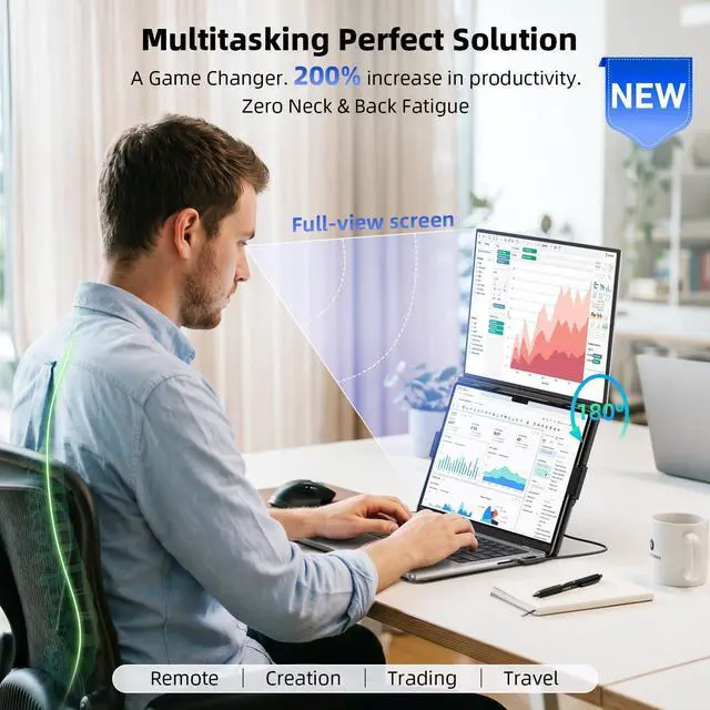 Alt view image 5 of 7 - Laptop Screen Extender 15.6", Portable Dual Monitor for 13 -17 Laptops, Ultra-Slim Clamp-On Vertical Dual IPS 1080P Screen Monitor Extender, Plug & Play USB-C HDMI for Office Travel