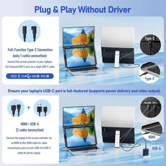 Alt view image 7 of 7 - Laptop Screen Extender 15.6", Portable Dual Monitor for 13 -17 Laptops, Ultra-Slim Clamp-On Vertical Dual IPS 1080P Screen Monitor Extender, Plug & Play USB-C HDMI for Office Travel