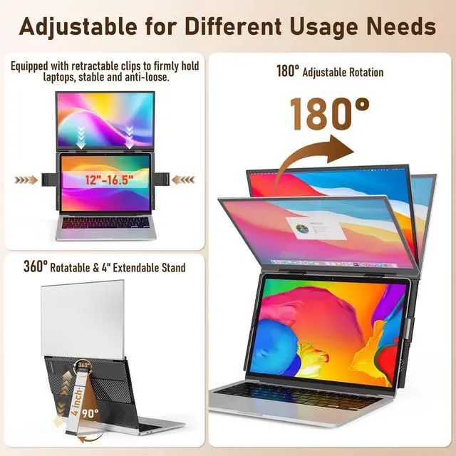 Alt view image 4 of 7 - 15.6" Dual Laptop Screen Extender - Ultra Thin & Lightweight (2.2lb) Stacked Foldable Portable Monitor, FHD 1080P Ergonomic Travel Display, Plug & Play USB-C/HDMI for 13-17" Mac/Windows Laptops