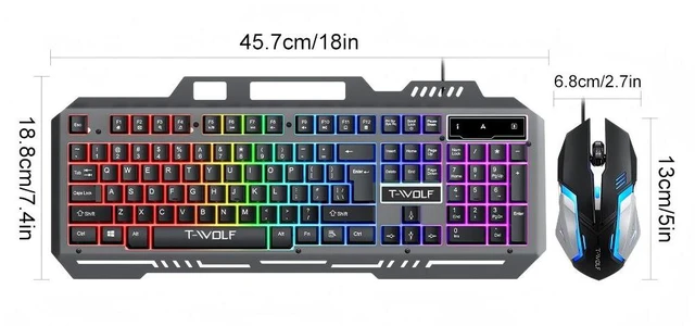 Alt view image 7 of 7 - RGB Gaming Keyboard and Mouse Combo, Wired 104-Key Full Size Keyboard with Mechanical Feel, Metal Panel, Phone Holder, Spill-Resistant Design, 4-Level DPI Gaming Mouse for Windows PC Laptop