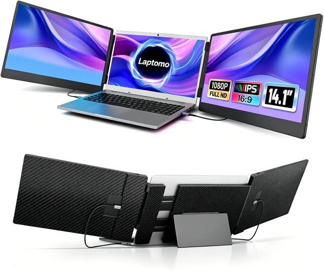 Main image of 14.1" Triple Laptop Screen Extender, FHD 1080P IPS Portable Monitor for Laptop, Triple Screen Monitor Extender Compatible with 13"-17" Laptops, HDMI/USB-A/C Plug-Play for Mac/Windows/Android/Dex