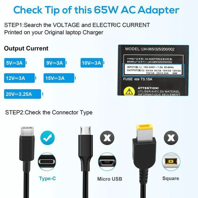 Alt view image 3 of 7 - 65W USB-C Power Adapter Charger, Fit for ThinkPad ZUK Yoga Chromebook Laptops