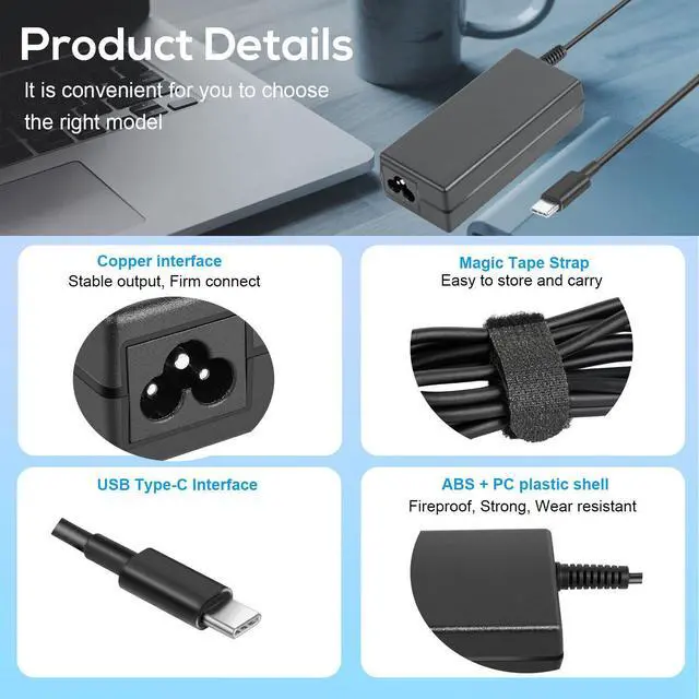 Alt view image 4 of 7 - 65W USB-C Power Adapter Charger, Fit for ThinkPad ZUK Yoga Chromebook Laptops