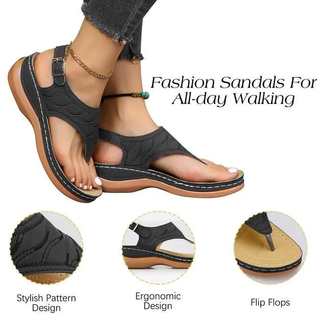 Alt view image 6 of 7 - Low-Wedge Women Shoes Orthopedic Sandals Casual Flat Flip Flops Ladies Anti-Slip- Brown 9" 1pair
