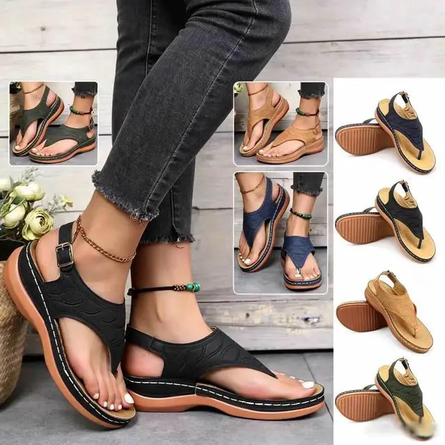 Alt view image 2 of 7 - Low-Wedge Women Shoes Orthopedic Sandals Casual Flat Flip Flops Ladies Anti-Slip- Brown 9" 1pair