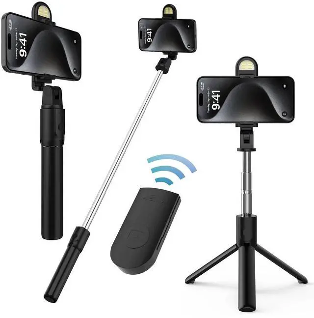 Alt view image 2 of 7 - Selfie Tripod Bluetooth Remote Holder LED Fill Light For iPhone Samsung Android black+pink