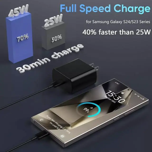 Alt view image 6 of 7 - 45w USB-C Super Fast Wall Charger+6ft Cable For Samsung Galaxy S24 S23 S22 S21