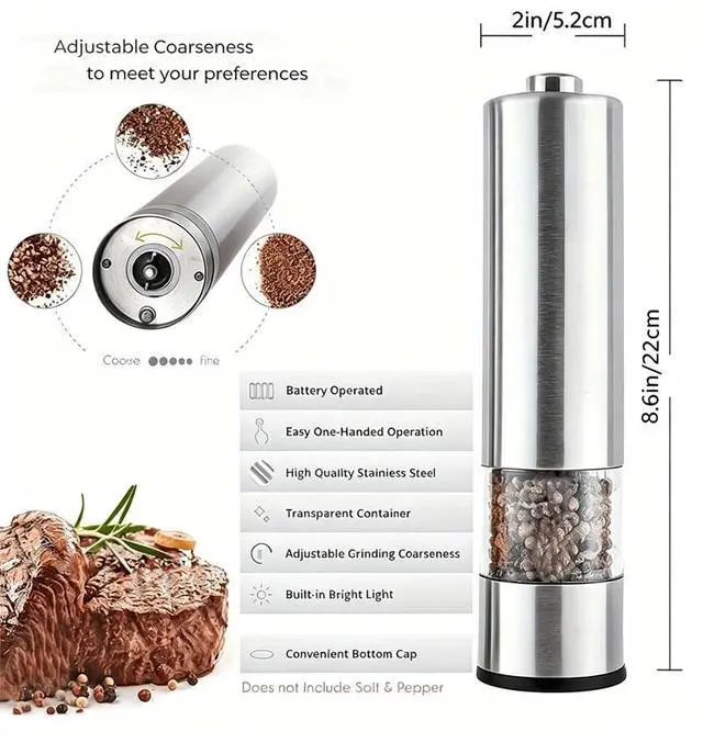 Alt view image 6 of 7 - Stainless Steel Electric Pepper Grinder Salt Mill Adjustable Coarseness Battery