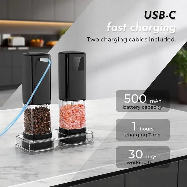 Alt view image 3 of 7 - 2pack Electric Salt and Pepper Grinder Set Rechargeable with LED Display, Large Capaci Balck+Silver