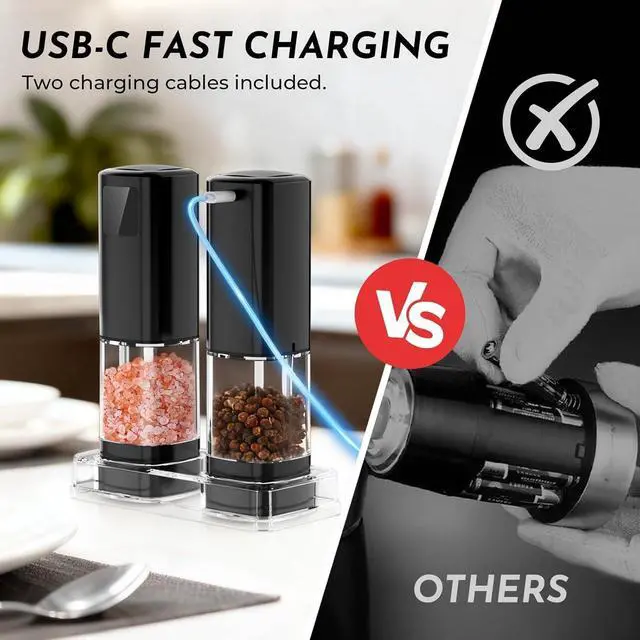 Alt view image 4 of 7 - 2pack Electric Salt and Pepper Grinder Set Rechargeable with LED Display, Large Capaci Balck+Silver