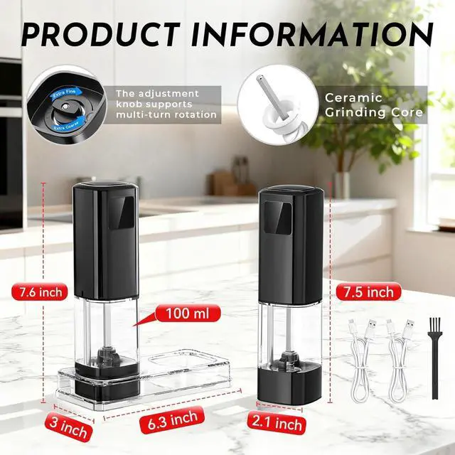 Alt view image 6 of 7 - 2pack Electric Salt and Pepper Grinder Set Rechargeable with LED Display, Large Capaci Balck+Silver