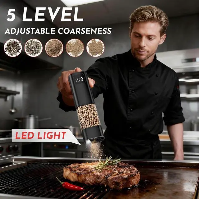 Alt view image 5 of 7 - 2pack Electric Salt and Pepper Grinder Set Rechargeable with LED Display, Large Capaci Balck+Silver