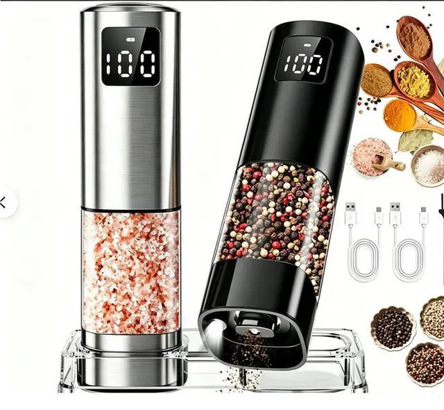 Main image of 2pack Electric Salt and Pepper Grinder Set Rechargeable with LED Display, Large Capaci Balck+Silver