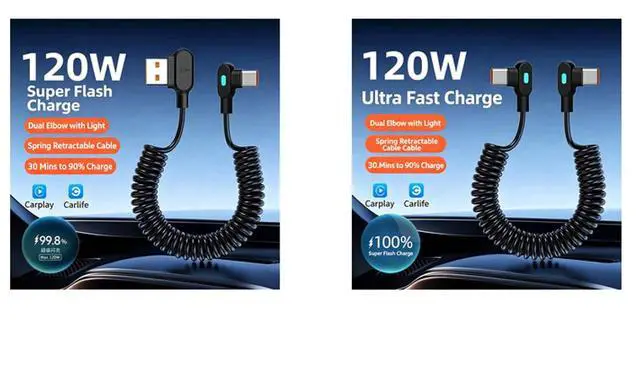 Alt view image 2 of 7 - 2x 120W Spring Type C Fast Charge Cable Dual 90° Elbow CarPlay Car Charger Cord USB A to Type C+Type C to Type C 1m/3ft