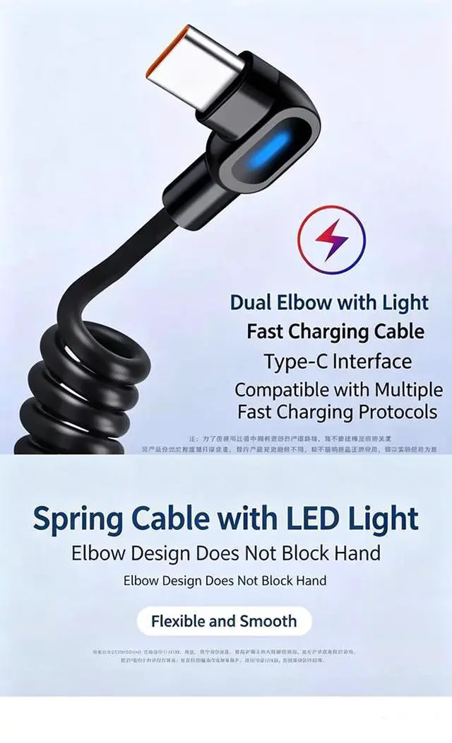 Alt view image 3 of 7 - 2x 120W Spring Type C Fast Charge Cable Dual 90° Elbow CarPlay Car Charger Cord USB A to Type C+Type C to Type C 1m/3ft