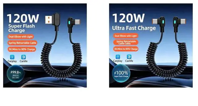 Alt view image 3 of 7 - 2x 120W Spring Type C Fast Charge Cable Dual 90° Elbow CarPlay Car Charger Cord USB A to Type C+Type C to Type C 1.8m/5.9ft