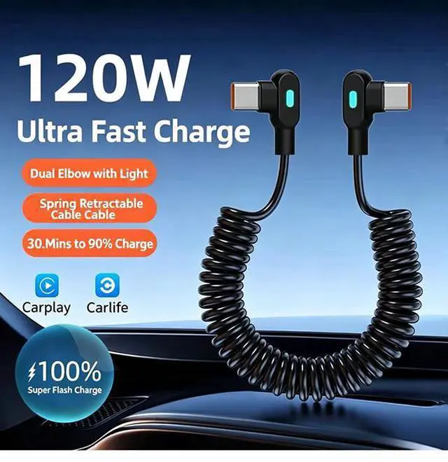 Main image of 2x 120W Spring Type C Fast Charge Cable Dual 90° Elbow CarPlay Car Charger Cord USB A to Type C+Type C to Type C 1.8m/5.9ft