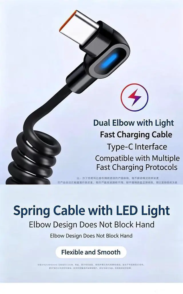 Alt view image 5 of 7 - 2x 120W Spring Type C Fast Charge Cable Dual 90° Elbow CarPlay Car Charger Cord USB A to Type C+Type C to Type C 1.8m/5.9ft