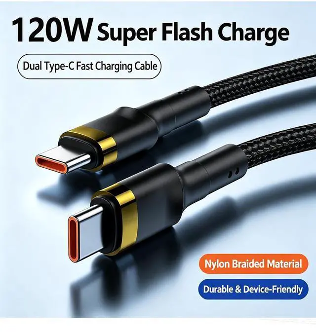 Main image of 2x Fast Speed 120W 10A Type C to Type C Fast Charging Cable for Data Transfer silver+gold 1m/3ft