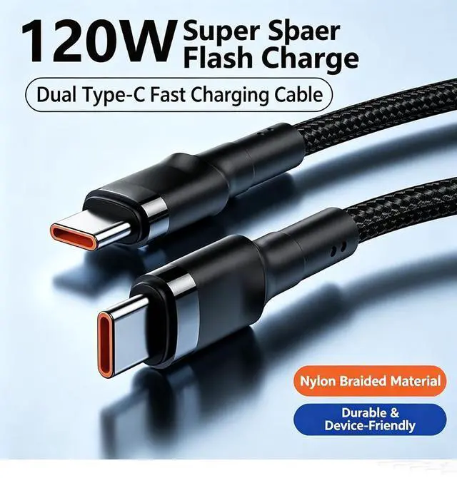 Main image of 2x Fast Speed 120W 10A Type C to Type C Fast Charging Cable for Data Transfer silver+gold 2m/6ft