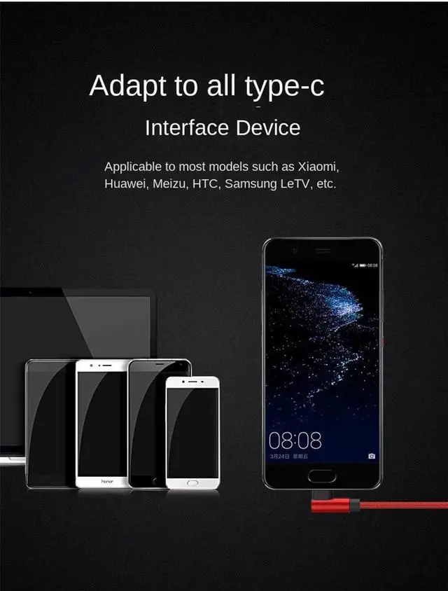 Alt view image 5 of 6 - 3PCS 120W Fast Charging Cable USB 6A to Type-C 90Degree Right Angle for Android Phone Red+Black+Blue 10ft