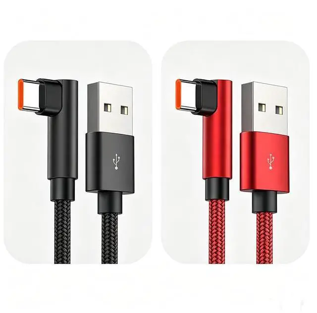 Main image of 2/3 PCS 120W Fast Charging Cable USB 6A to Type-C 90Degree Right Angle for Android Phone Red+Black 3ft