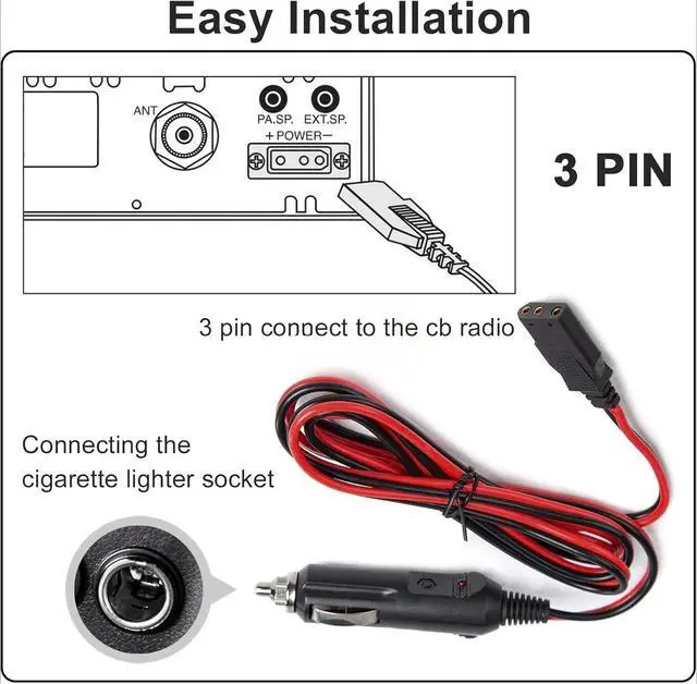 Alt view image 4 of 7 - For Cobra Ranger CB Ham Radios Power Cord 3-Pin Plug & Car Cigarette Socket 12v
