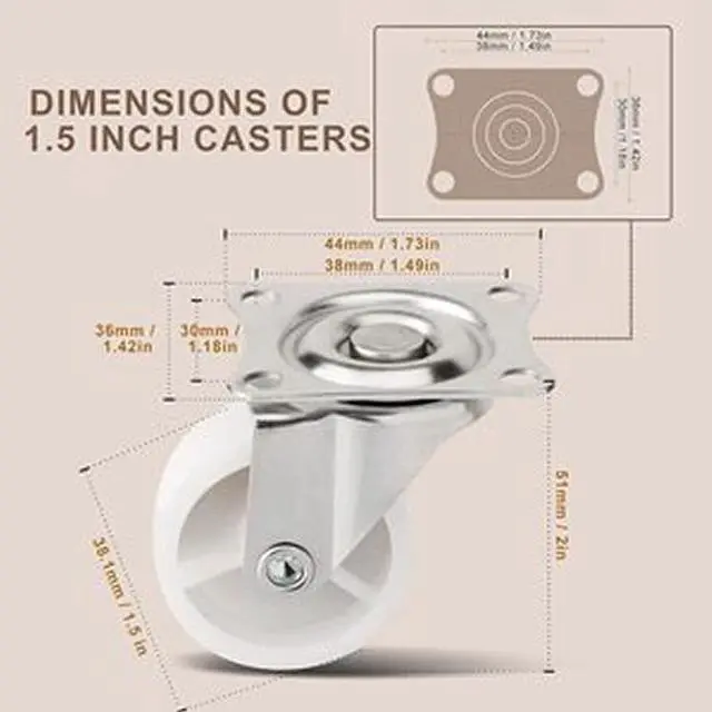 Alt view image 3 of 7 - 4-8 pack 1" 1.25" 1.5" 2" Heavy Duty Swivel Caster Set Rubber Wheels All Swivel 1.25 inch 4 pieces