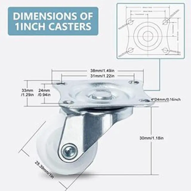 Alt view image 2 of 7 - 4-8 pack 1" 1.25" 1.5" 2" Heavy Duty Swivel Caster Set Rubber Wheels All Swivel 1.25 inch 4 pieces