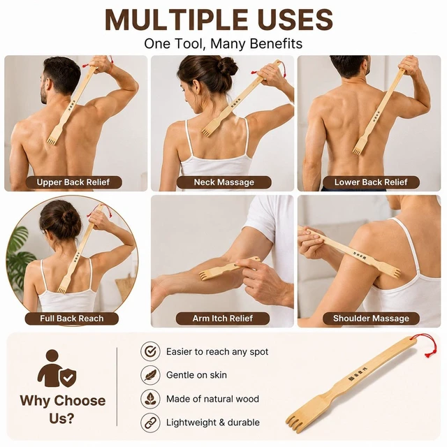 Alt view image 5 of 7 - 4Pcs 18" Bamboo Wooden Itch Therapeutic Relaxer Back Scratcher Massage Roller