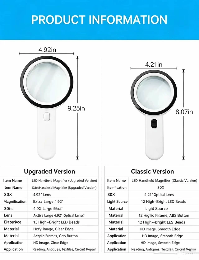 Alt view image 2 of 6 - 30X Jumbo Handheld Magnifying Glass w/ 12 Bright LED Light Illuminated Magnifier Chrome Button