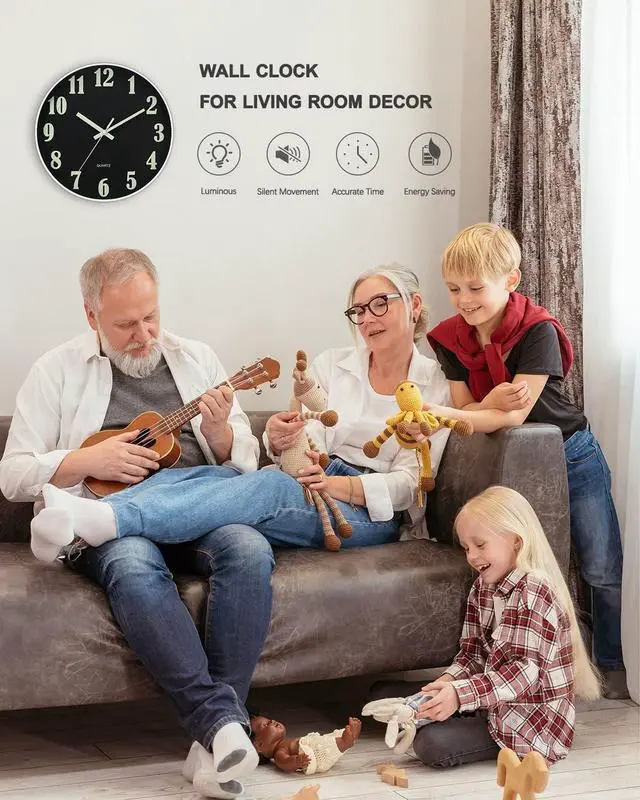 Alt view image 6 of 7 - 12'' Large Wall Clock Luminous Quartz Night Glow Light In The Dark Silent Home Black