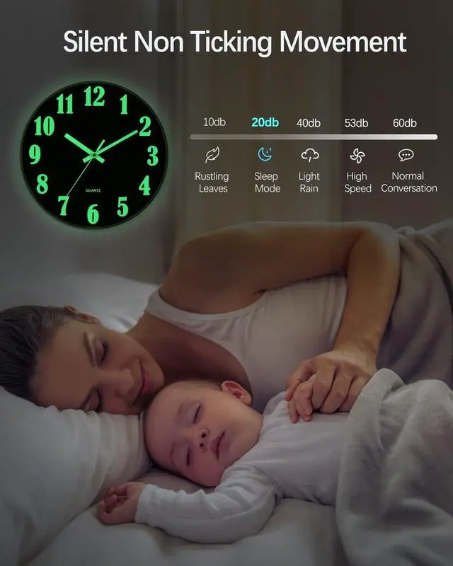 Alt view image 5 of 7 - 12'' Large Wall Clock Luminous Quartz Night Glow Light In The Dark Silent Home Black