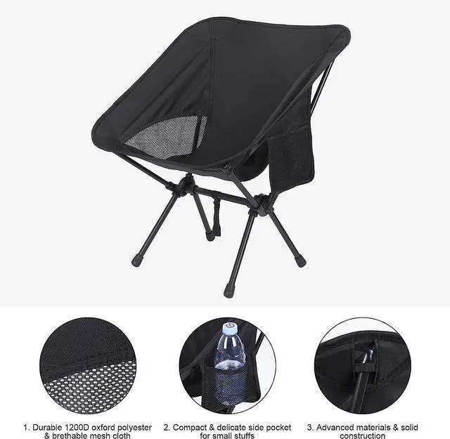 Alt view image 4 of 7 - 2 Pack Collapsible Camp Chairs w/Carrying Bag Outdoor Chair Camping Hiking Black