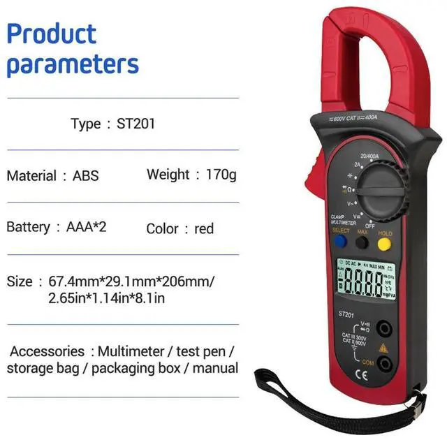 Alt view image 5 of 7 - Digital Multimeter Tester AC DC Volt Ohm Amp Clamp Meter Auto Range LCD Handheld Red