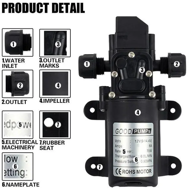 Alt view image 5 of 7 - 12V-130PSI Water Pump Self Priming Pump Diaphragm High Pressure Automatic Switch Double Thread