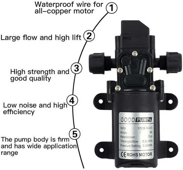 Alt view image 6 of 7 - 12V-130PSI Water Pump Self Priming Pump Diaphragm High Pressure Automatic Switch Double Thread
